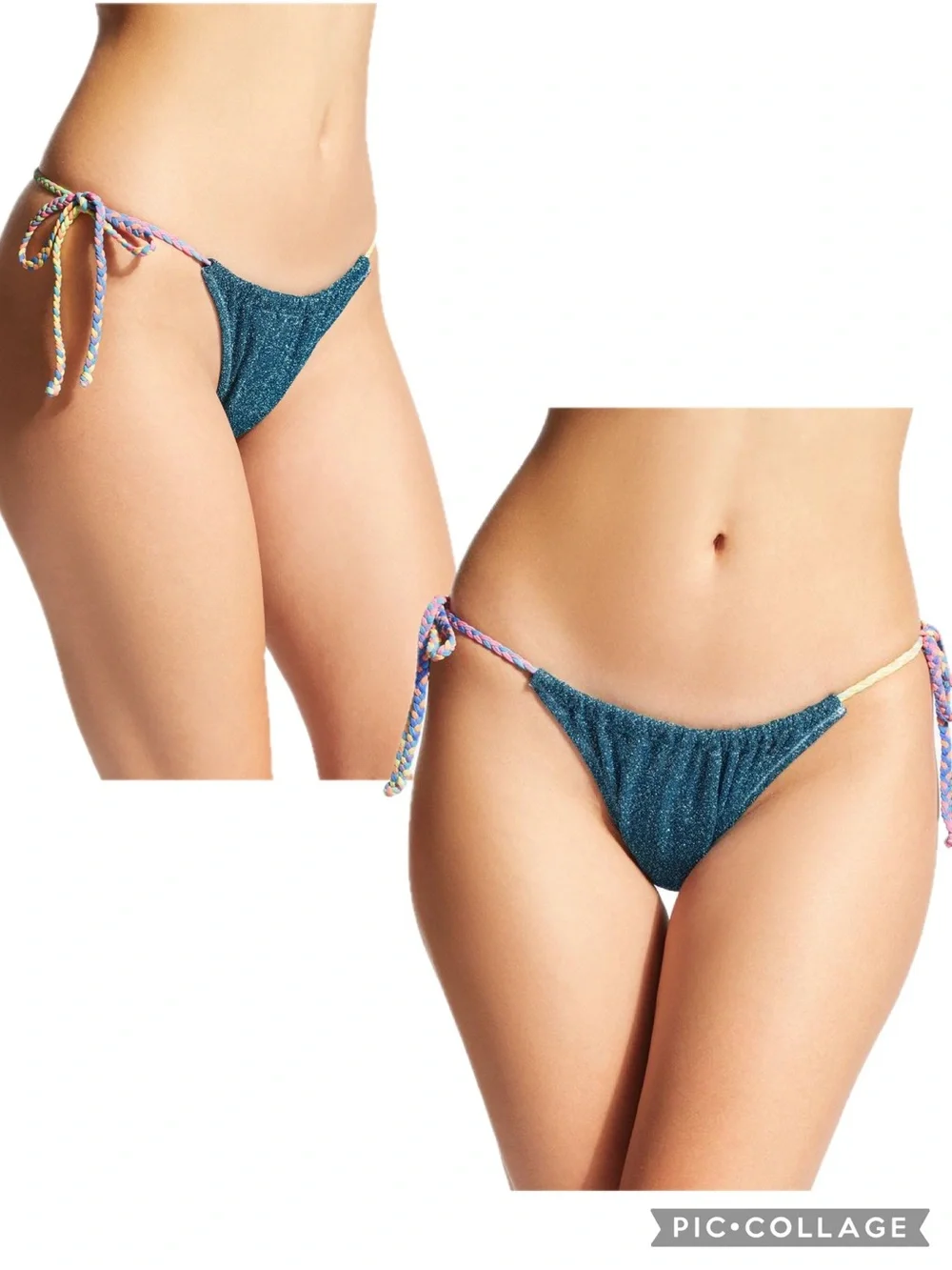 Kurt Geiger London Rainbow String Bikini Bottom Metallic Blue Glitter Size M NWT